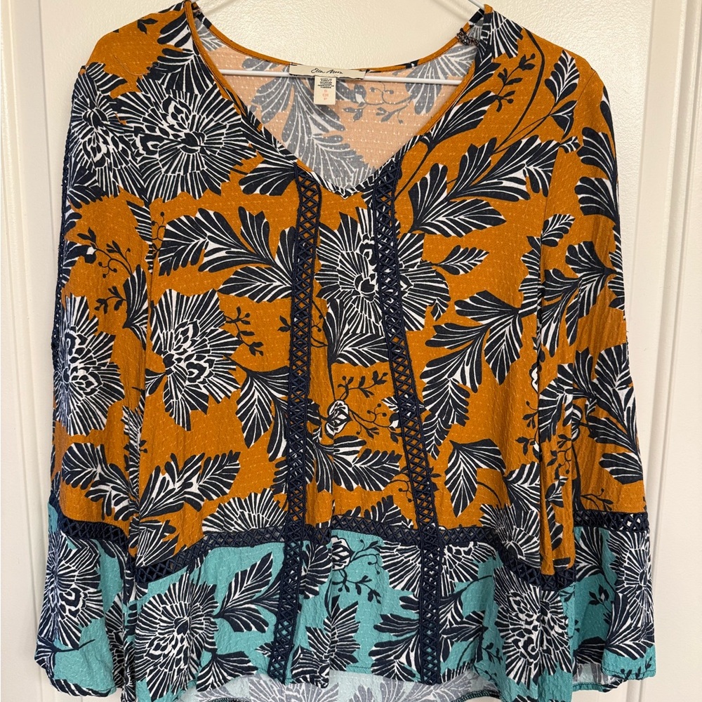 Chic Floral V-Neck Blouse in Mustard and Teal vibrant pop of color, boho, spring